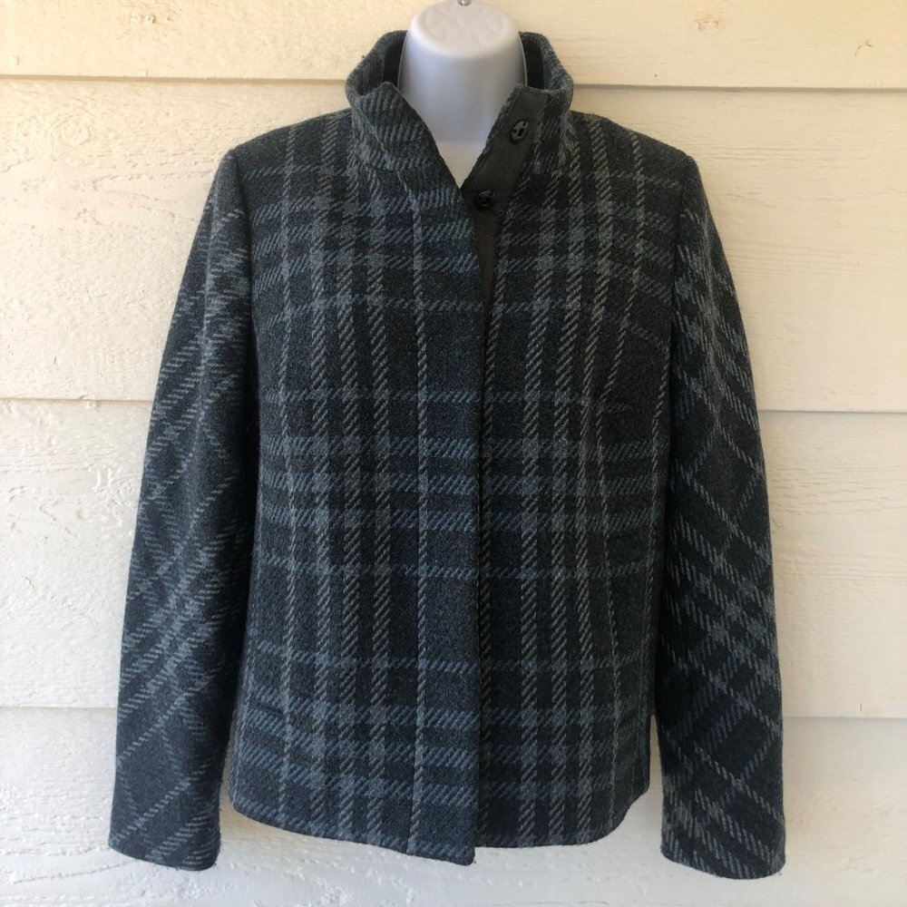 Talbot's Size 6 Blue/Gray Plaid Wool Blend Fully Lined Snap-Up Jacket